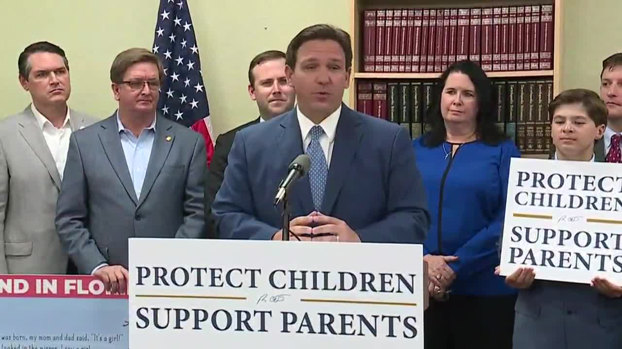 Ron DeSantis gives a speech in support of Florida’s “Don’t Say Gay” Bill. ABC7 Associated Press.